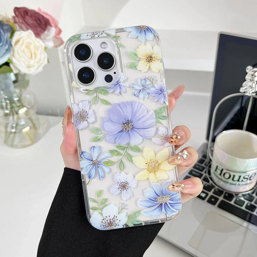 Floral Clear iPhone 14‎ Pro Max Case Purple Yellow Blue Flower TPU Cover